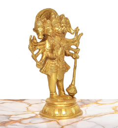 Brass Panchmukhi ten-armed Hanuman idol, 10 inch, angled side view