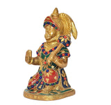 Hanumanji brass idol side view, gold face with jeweled green and red outfit