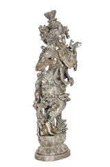 Silberne Krishna-Statue, 14 Zoll, seitliche Ansicht, reich verzierte Details am Körper