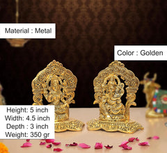 Metal golden Lakshmi Ganesh statue set; Height 5 inch, Width 4.5 inch, Depth 3 inch