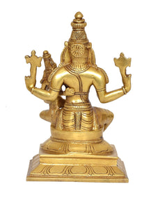 Brass Lakshmi Narasimha statue, back view with detailed back emblem and crown