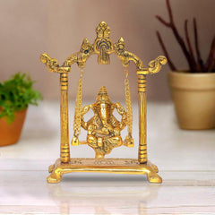 Golden metal Ganesh Ji swing idol with ornate pillars and hanging chains, 7 inch