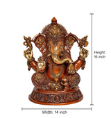 Ganesha brass statue front view, height 16 in, seated with four arms