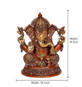 Brass Ganesha statue, 16 in height; four arms with gold ornaments; round patterned base
