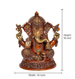 Brass Ganesha statue, 16 in height; four arms with gold ornaments; round patterned base