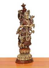 Brass Radha murti, reverse side view with raised hands and ornate detailing, on pedestal