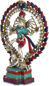 Brass Nataraja idol statue on base; standing dancer with turquoise chest and multicolor halo