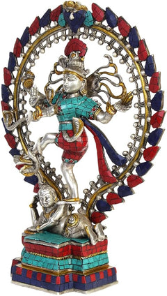 Brass Nataraja idol statue on base; standing dancer with turquoise chest and multicolor halo