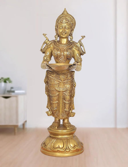 Brass Standing Deep Lakshmi with Oil Lamp Idol (Height: 30 Inch)