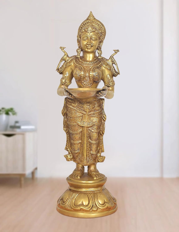 Brass Standing Deep Lakshmi with Oil Lamp Idol (Height: 30 Inch)