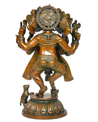 Brass Panchmukhi Ganesha statue close-up, detailed crown and chest, raised hands, green-gold
