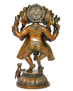 Brass Panchmukhi Ganesha statue close-up, detailed crown and chest, raised hands, green-gold