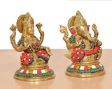 Brass Lakshmi Ganesh statue, side angle, multicolor jeweled arms, crown, and belt