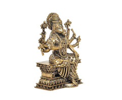 Brass Varahi eight-armed murti statue, angled view showing crown and raised hands