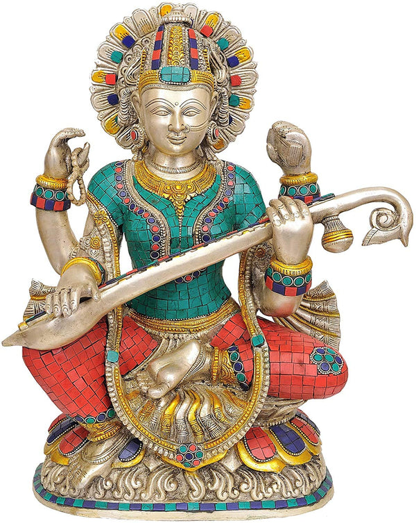 Brass Goddess Saraswati Playing Veena Idol (Height: 16.5 Inch) Entryway Setting