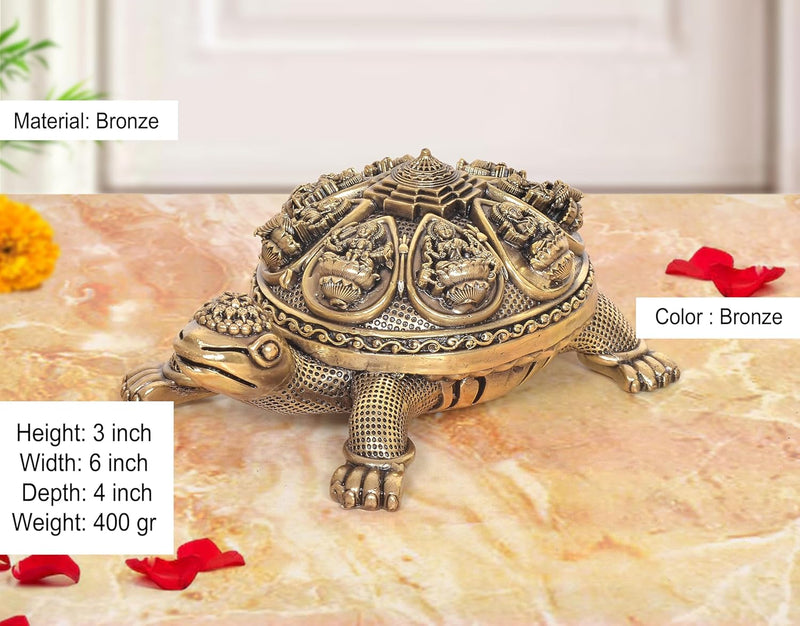 Bronze Ashtalakshmi Shree Yantra on Tortoise Figurine (Height: 3 Inches)