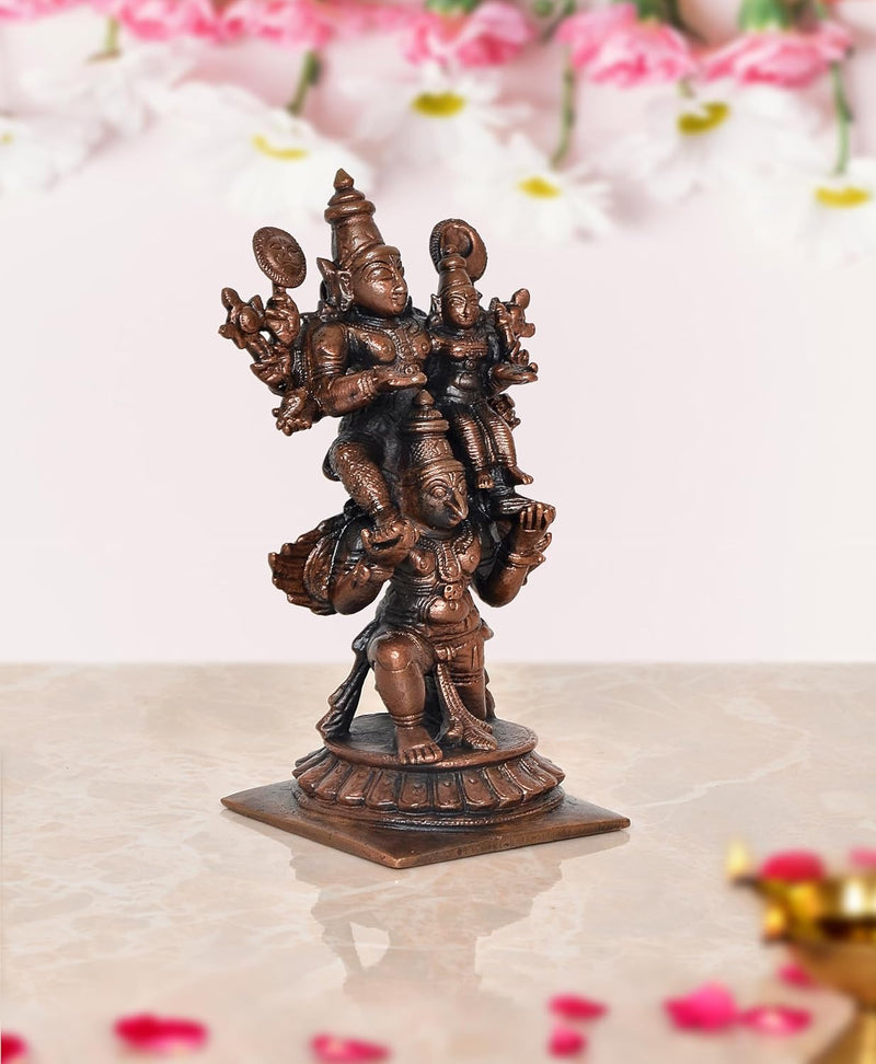 Copper Lord Vishnu with Devi Lakshmi On Garuda Decorative Showpiece Copper Murti (Height 5 Inch)