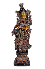 Brass Radha Krishna sculpture, height 29 in; front view of standing figure on base