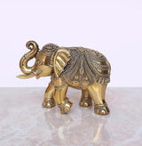 Brass elephant table decor figurine, gold finish, detailed engravings and decorative cap