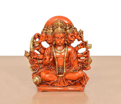 Orange Panchmukhi Hanuman resin idol, frontal view, seated with five faces and raised hands