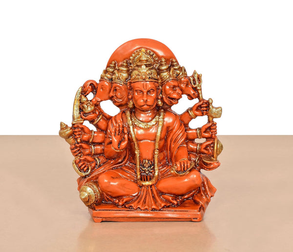 Resin Panchmukhi Hanuman Idol (Height 5.5 Inch) (Orange) Study Setting