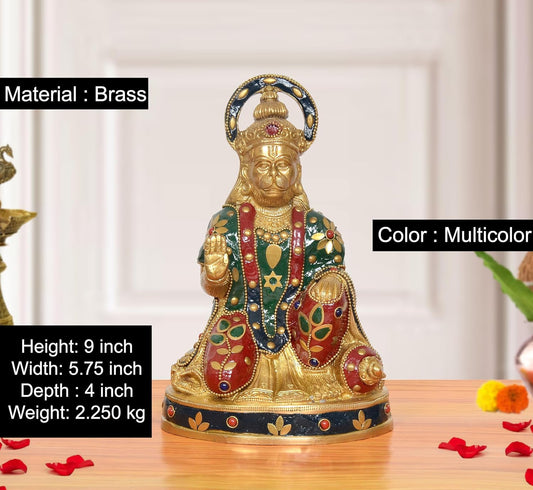 Brass Hanuman Ji Sitting Murti in Blessing Posture with Gada (Height: 9 inch)
