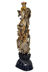 Brass Radha Rani idol statue, side view with detailed ornaments and gold accents