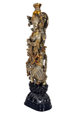 Brass Radha Rani idol statue, side view with detailed ornaments and gold accents