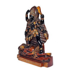 Maha Kali Maa brass idol statue side view, long drape, seated base, ornate gold accents