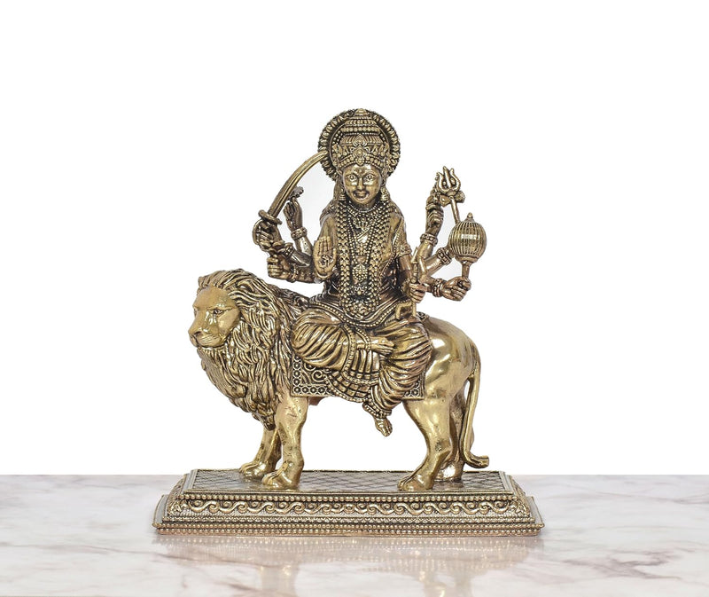 Bronze Durga Maa with Lion Idol (Height 4 Inch)