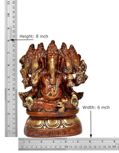 Brass Panchmukhi Ganesha idol with size diagram: Height 8 in, Width 6 in