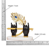 Resin Krishna hands with flute, 7 in height; gold peacock halo, width 6.5 in