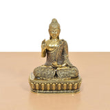 Seated bronze Buddha idol in Abhaya mudra, detailed pedestal base with rounded arches