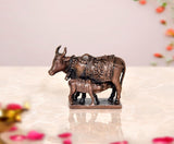 Copper cow calf pooja mandir figurine, carved ornate cloth on base, 2 inch