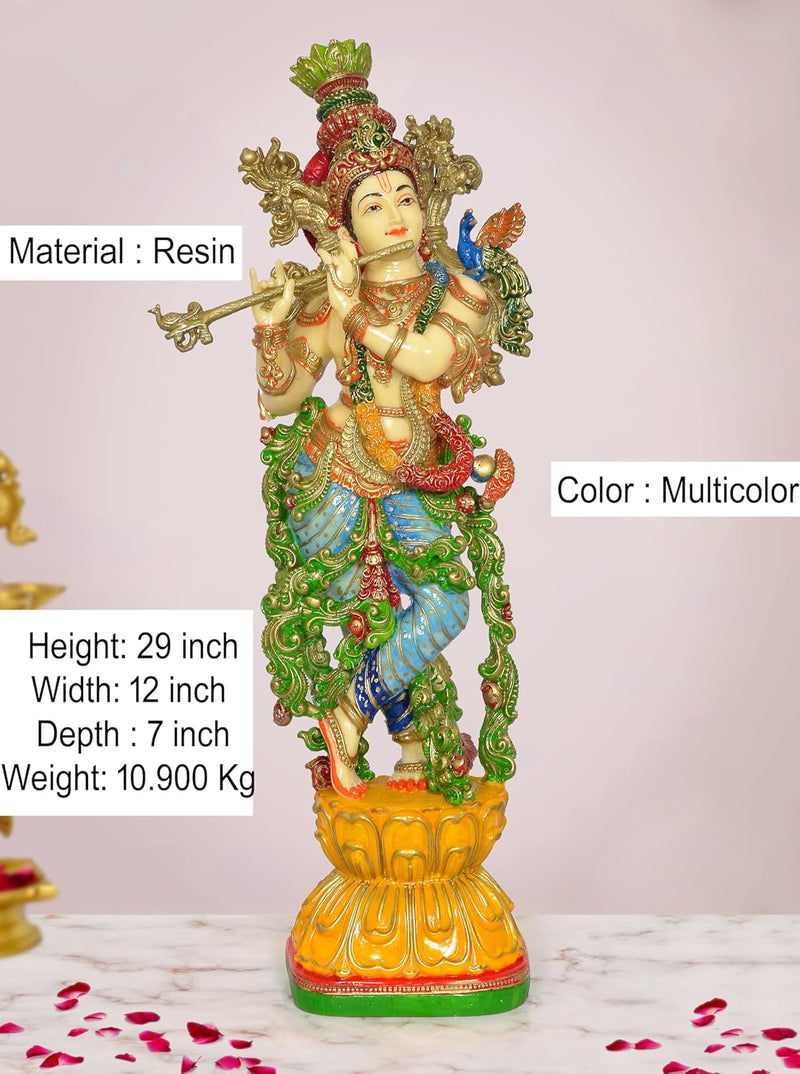 Hand Painted Resin Krishna Playing Flute Statue (Height: 29 inch)