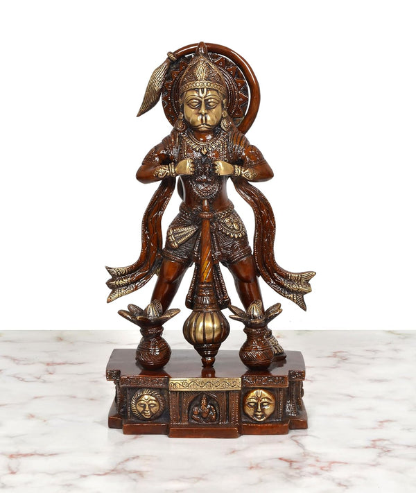 Brass Shri Hanuman Idol Showing Ram and Sita in His Heart in Standing Position (Height: 12.5 Inch) Study Setting