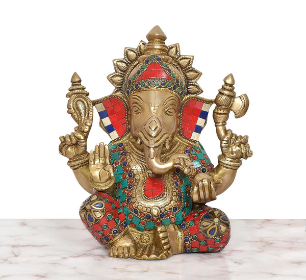 Brass Ganpati Bappa Murti (Height: 9.5 Inch) Study Setting