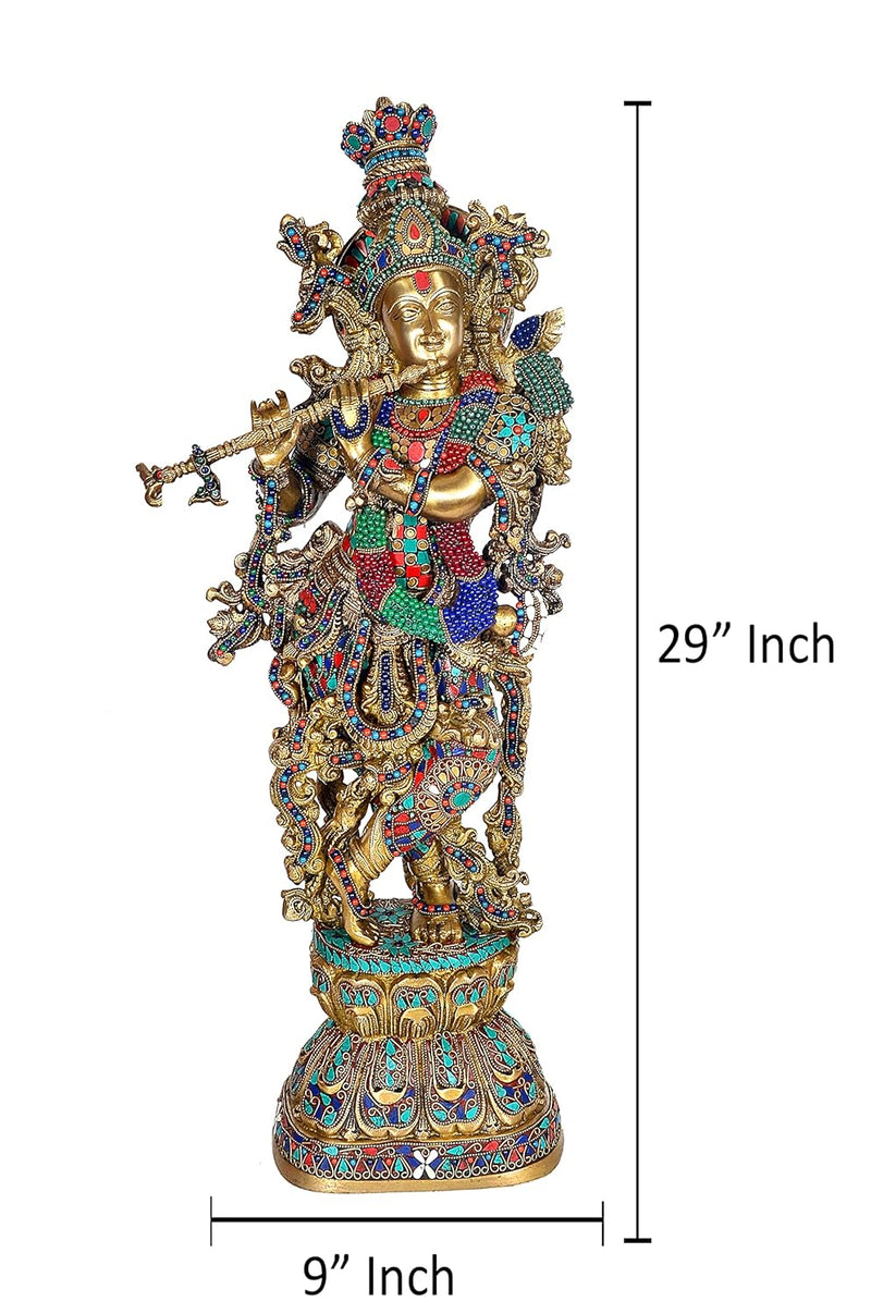 Brass Lord Krishna Murti for Gift Idol Statue Large Size Krishna Playing Flute 29 Inches