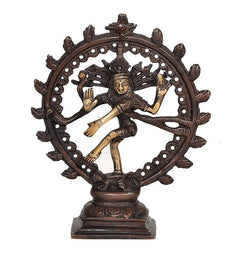 Lord Shiva Natraj brass idol with dark antique frame and gold hands, front view, 6 inch