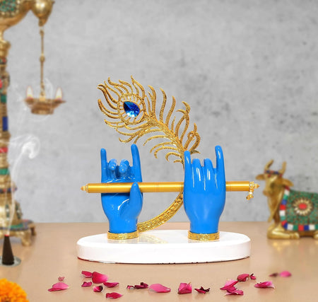 Resin Blue Krishna Ji Hands with Flute Decor (Height: 7 Inch)