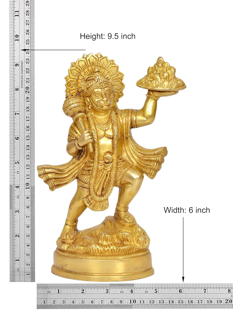 Brass Hanuman JI with Mountain Statue Idol Sculpture Statue Home Decor (Height: 9.5 Inch)