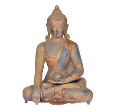 Brass Buddha statue seated in meditation, hands in lap, gold accents, 11.5 in