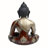 Back view of Buddha statue in Bhumisparsha pose, dark textured hair, brown robe, 11 in