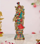 Brass Radha idol statue, ornate gold detailing, red and teal outfit, 29-inch tall