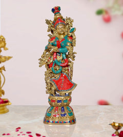 Brass Radha idol statue, ornate gold detailing, red and teal outfit, 29-inch tall