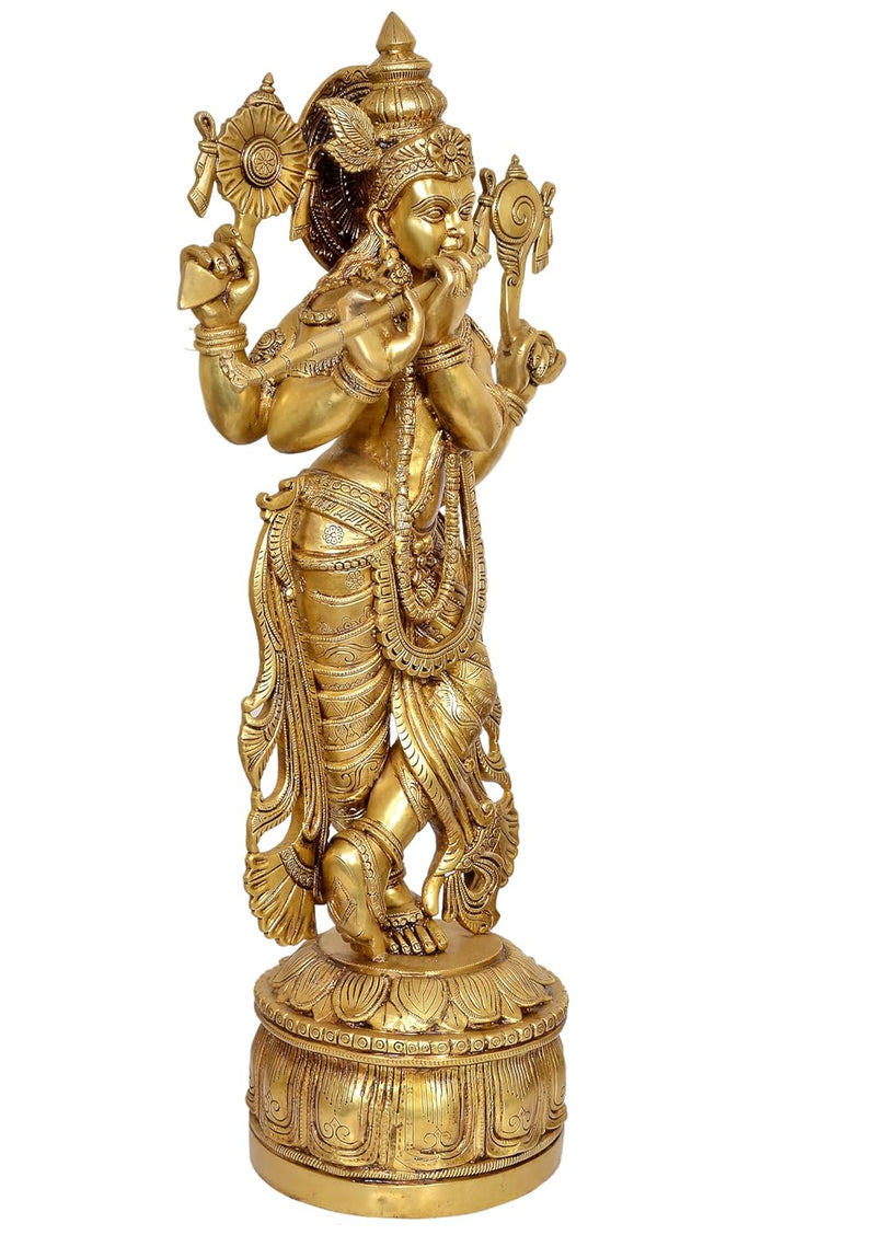 Brass Standing Lord Krishna Statue Playing Flute Sculpture for Home Office Temple Gift Showpiece, (Height 32 Inch)