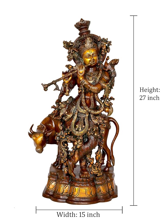 Krishna with Cow Brass Idol Krishna Religious Statue Murti (Height 27 inch)