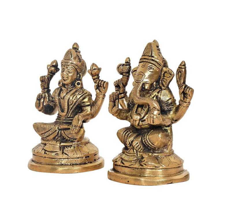 Brass Laxmi Ganesh Statue - Handcrafted Goddess Lakshmi and Lord Ganesha Idol for Home Decor and Pooja - Hindu Deities Figurine (Height 4.5 Inch)