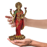 Maa Lakshmi resin idol on lotus base held in hand, red sari, gold crown