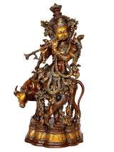 Krishna brass idol, close front view with gold-toned face, crown and detailed jewelry